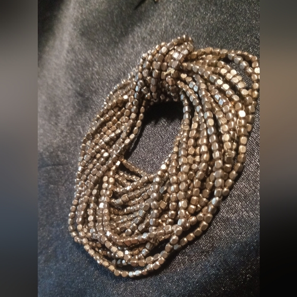 Metal seed beaded bracelet expandable brassy gold multi strand. - Picture 2 of 5